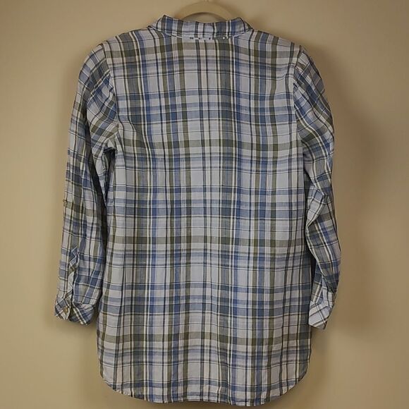 J. Jill Love Linen Roll Tab Sleeve Plaid Popover Tunic Blouse Top Size SP - Picture 11 of 11